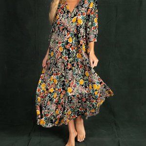 Natural Life - V -Neck Maxi Dress - Gold Fall Floral